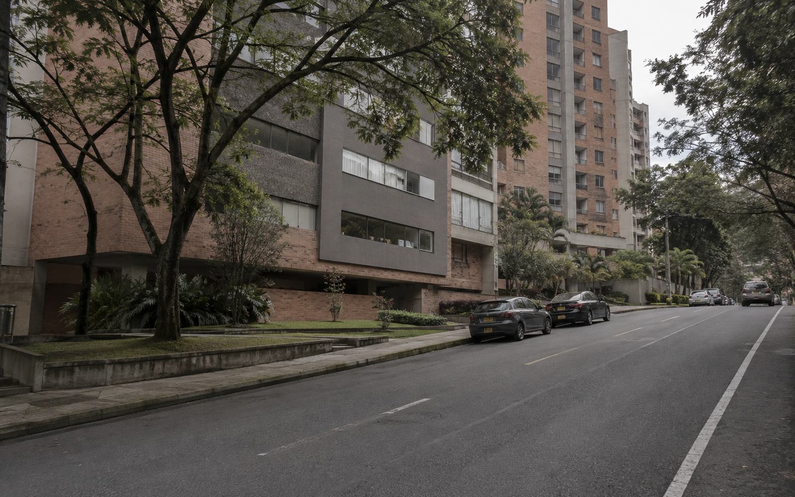 A quiet, level residential avenue lined with established mid-rise buildings.