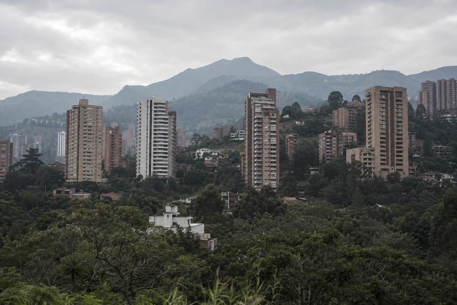 Brick residential towers on a forested hillside with the valley ridgeline behind.