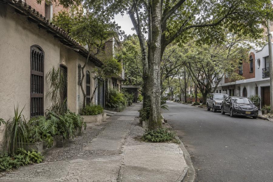 Low-rise converted houses on a flat, tree-lined street in the lower loma of El Poblado.